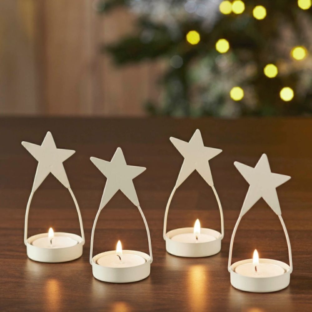 Antique White Metal Star Tealight Candle Holder Set of Four New Farmhouse